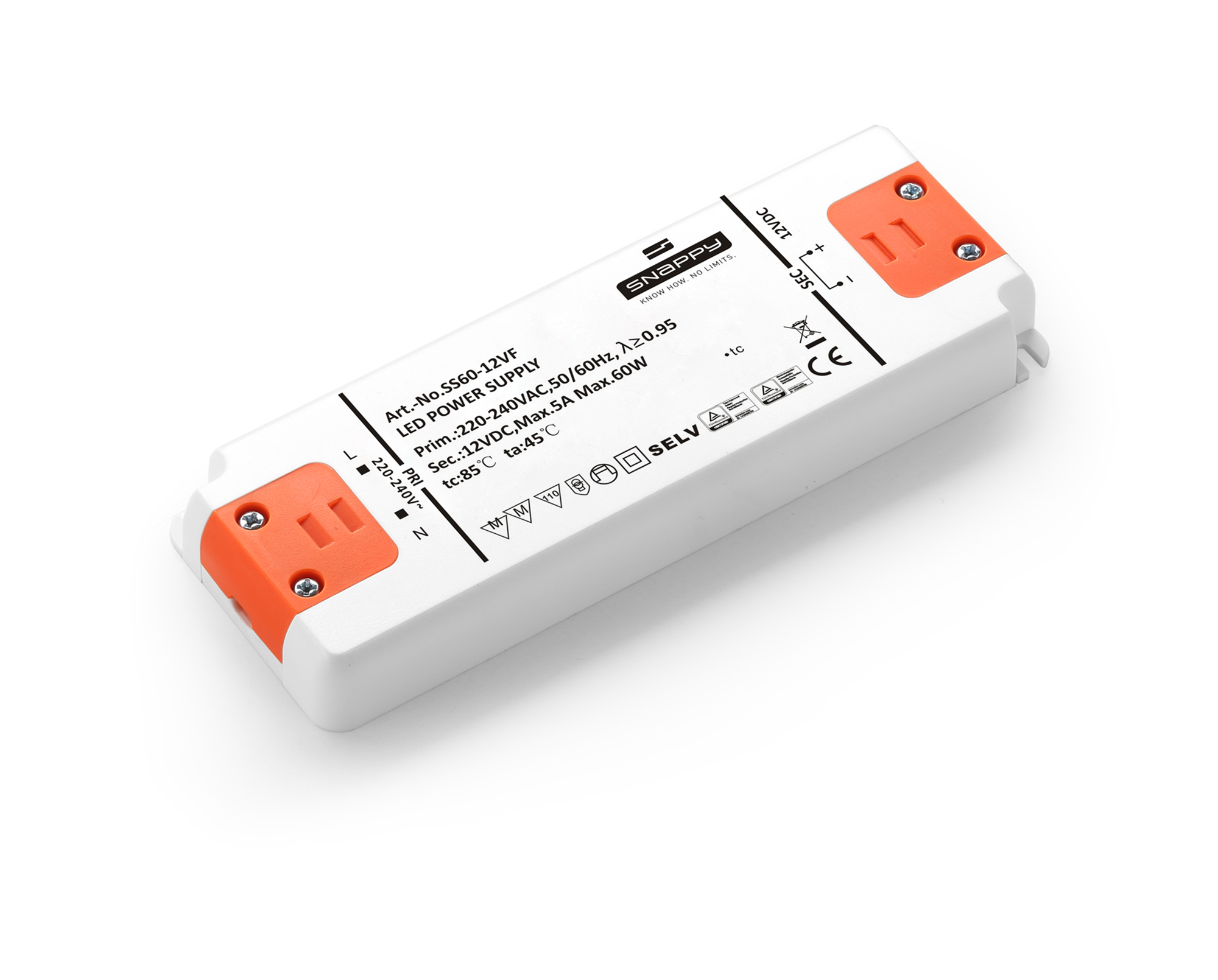 SS60-12VF  SS, 60W, Constant Voltage Non Dimmable PC LED Driver, 12VDC,5A, Pf>0.9, Efficency >85%, TC:+85?, TA:45?, IP20, Screw Connection, 3 yrs Warranty.